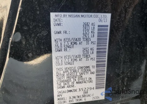 2013 Infiniti Jx35 z USA, uszkodzony, nr VIN 5N1AL0MM2DC352294